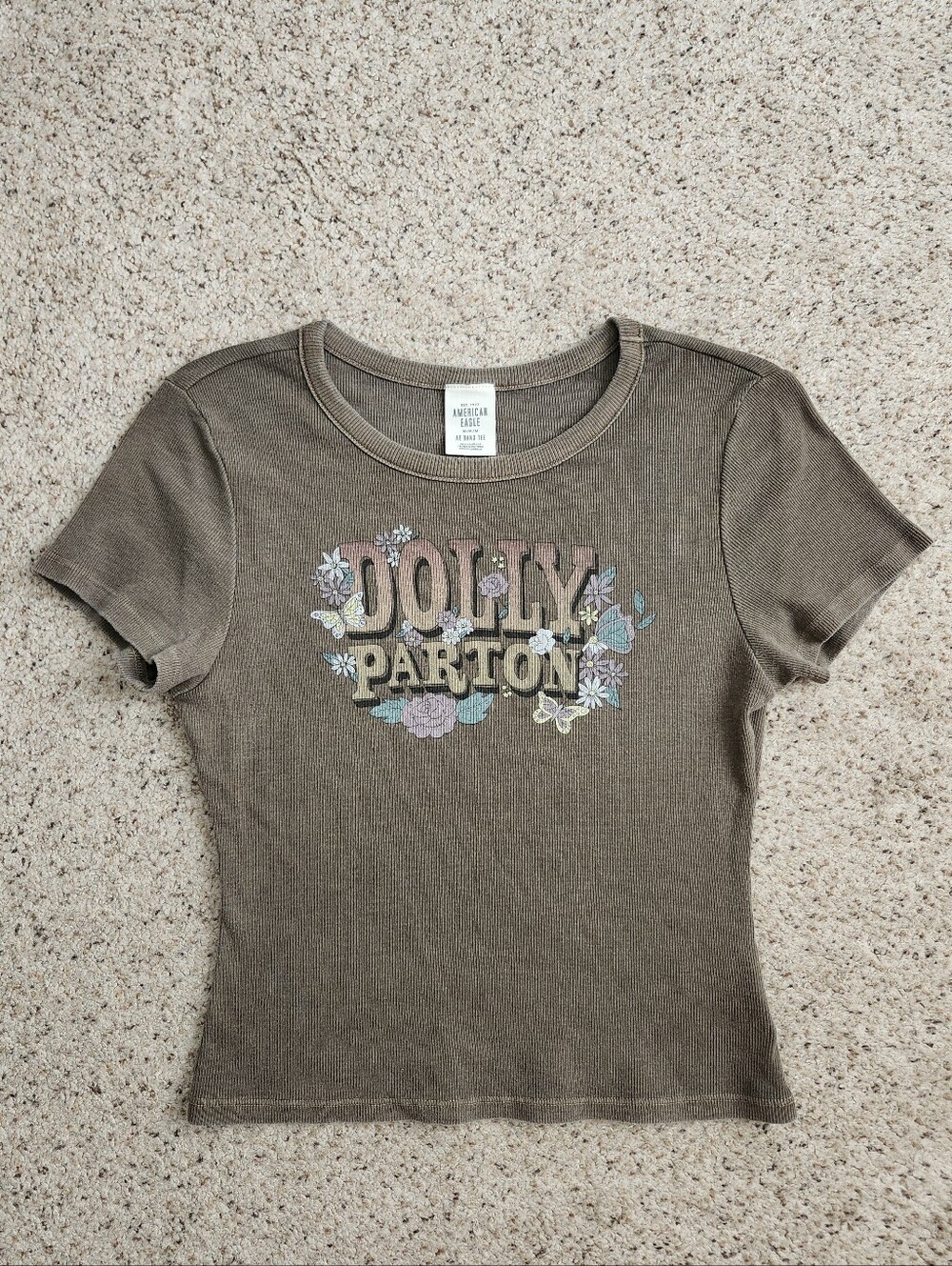 American Eagle Outfitters Brown Ribbed 'Dolly Parton' Floral Graphic Tee
